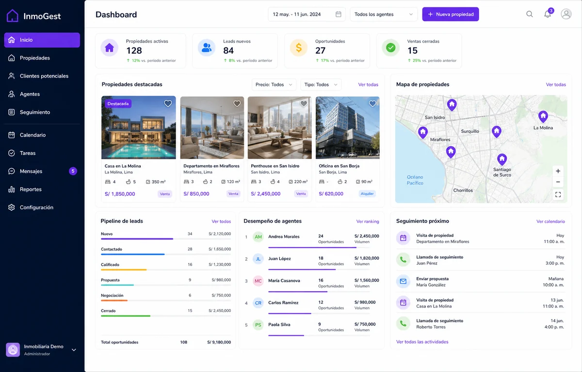 Interfaz del sistema inmobiliario InmoGest